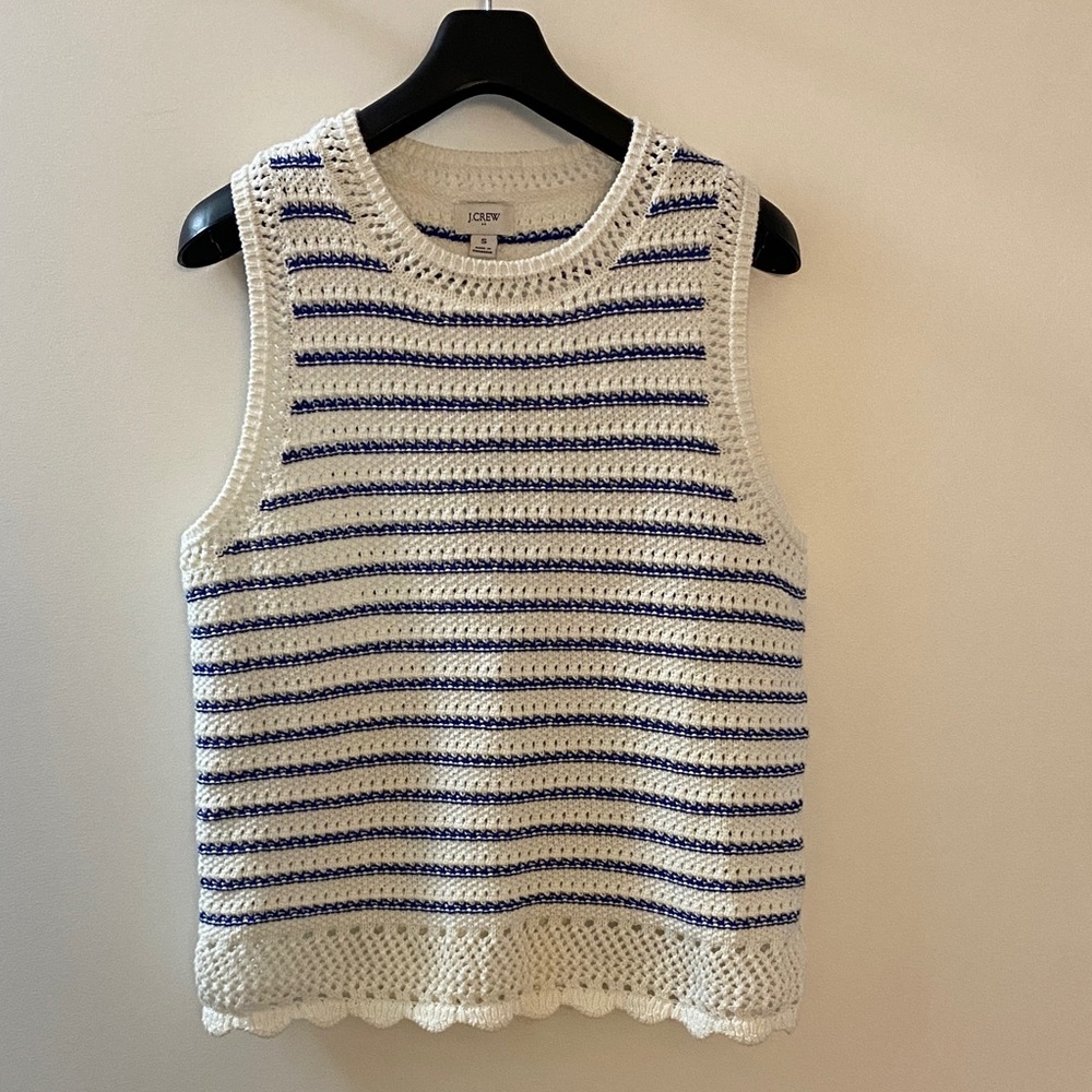 J. Crew Cream Crochet Tank with Blue Stripes